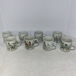 Vintage Japan Porcelain Bird Mugs Set of 8 Songbird Floral Cups